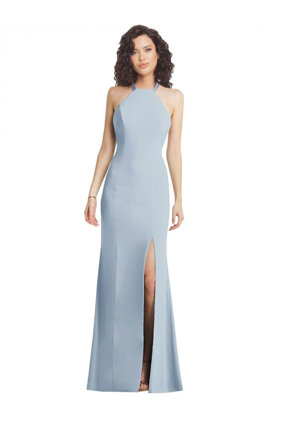 Best Stretch Crepe Criss Cross Back Long Halter Neck Light Sky Blue Trumpet Prom Dress Canada