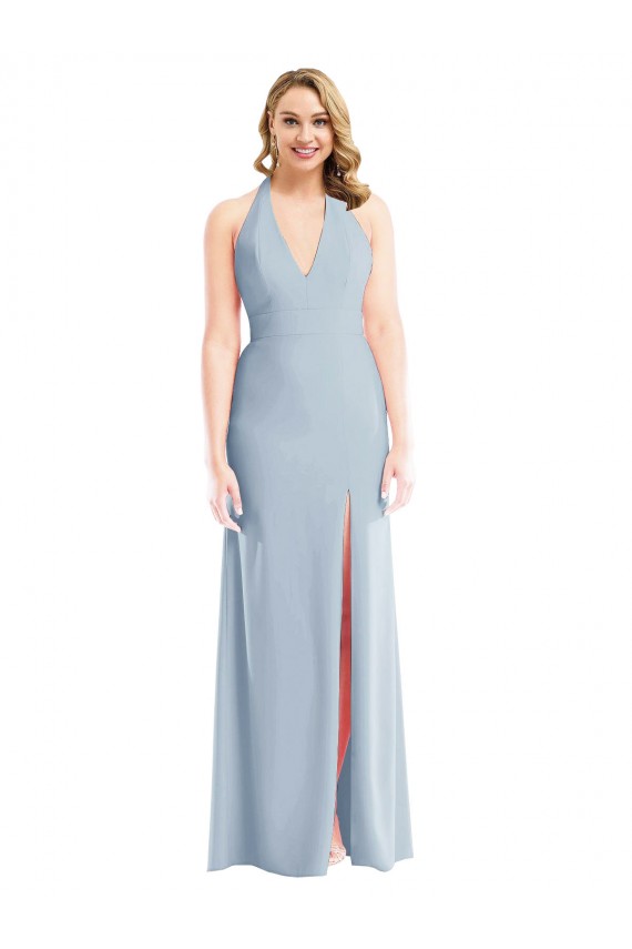 Best Stretch Crepe Long Halter Neck Trumpet Front Slit Prom Dress Canada
