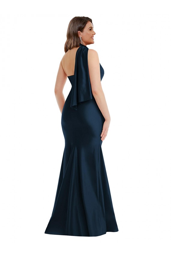 Best Silky Satin Long One Shoulder Dark Navy Mermaid Plus Size Formal Prom Dress Canada