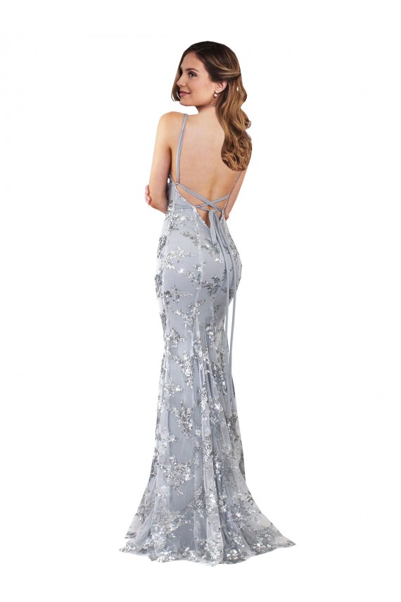 Best Stretch Crepe & Sequin Tulle Backless Long V-Neck Silver Mermaid Prom Dress Canada