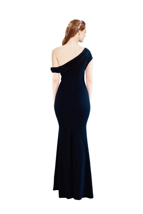Best Stretch Crepe Long One Shoulder Dark Navy Mermaid Prom Dress Canada