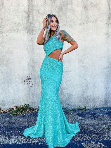 Best Velvet Sequin Sweep Train One Shoulder Mermaid Prom Dresses Canada