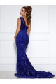 Best Velvet Sequin Court Train One Shoulder Mermaid Prom Dress Canada