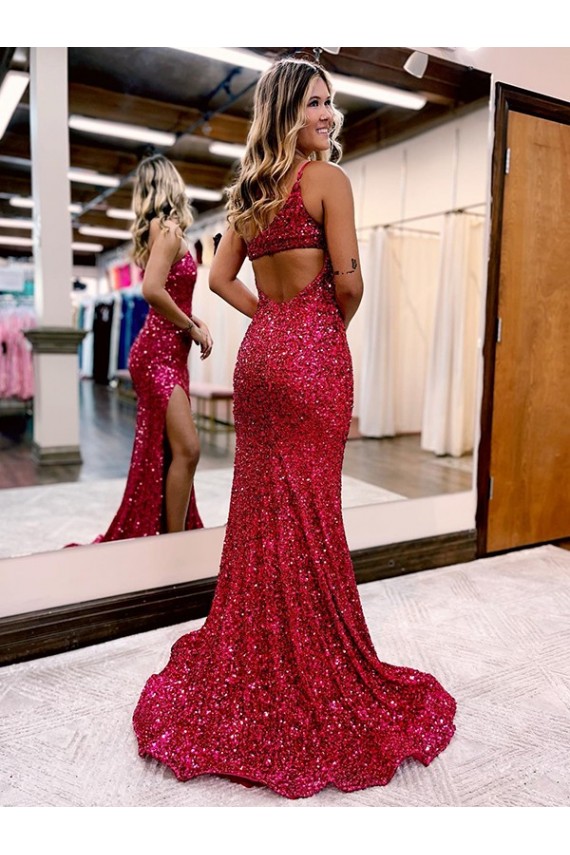 Best Velvet Sequin Sweep Train One Shoulder Mermaid High Slit Prom Dress Canada