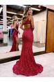 Best Velvet Sequin Sweep Train One Shoulder Mermaid High Slit Prom Dress Canada