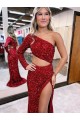Best Velvet Sequin Long Sleeves One Shoulder Burgundy Mermaid Prom Dress Canada