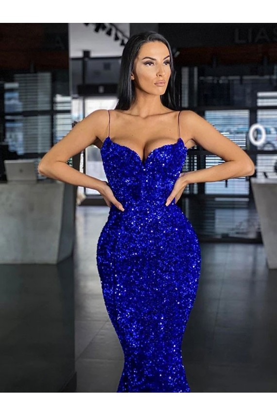 Best Velvet Sequin Sweep Train Spaghetti Straps Mermaid Prom Dress Canada