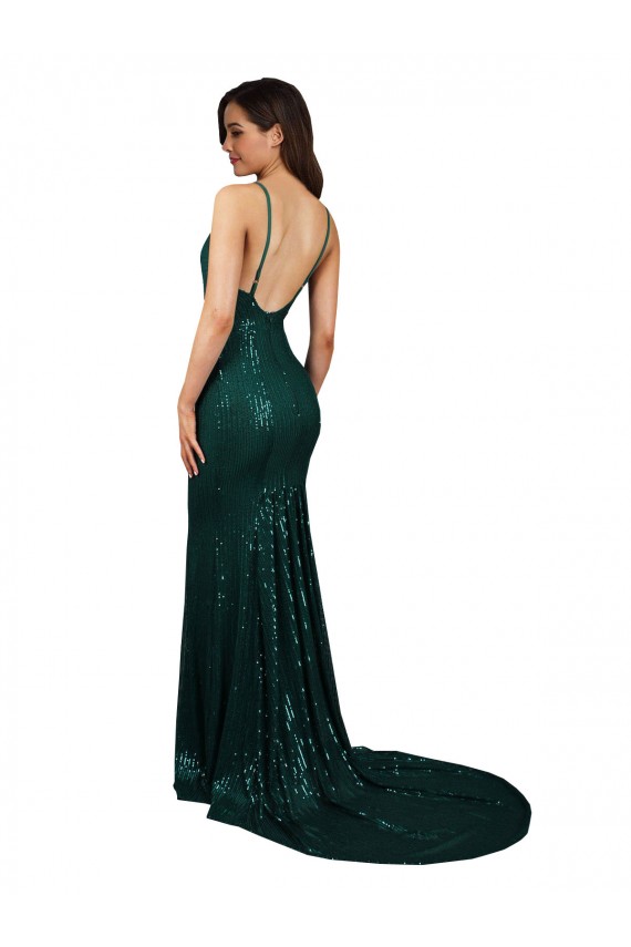 Best Sequin Low Back Long V-Neck Dark Green Mermaid Prom Dress Canada