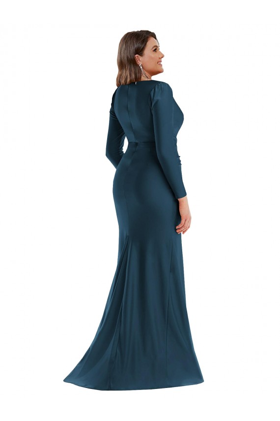 Best Silky Satin Long V-Neck Atlantic Blue Mermaid Plus Size Formal Prom Dress Canada