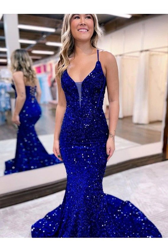 Best Velvet Sequin Court Train V-Neck Mermaid Prom Dress Canada
