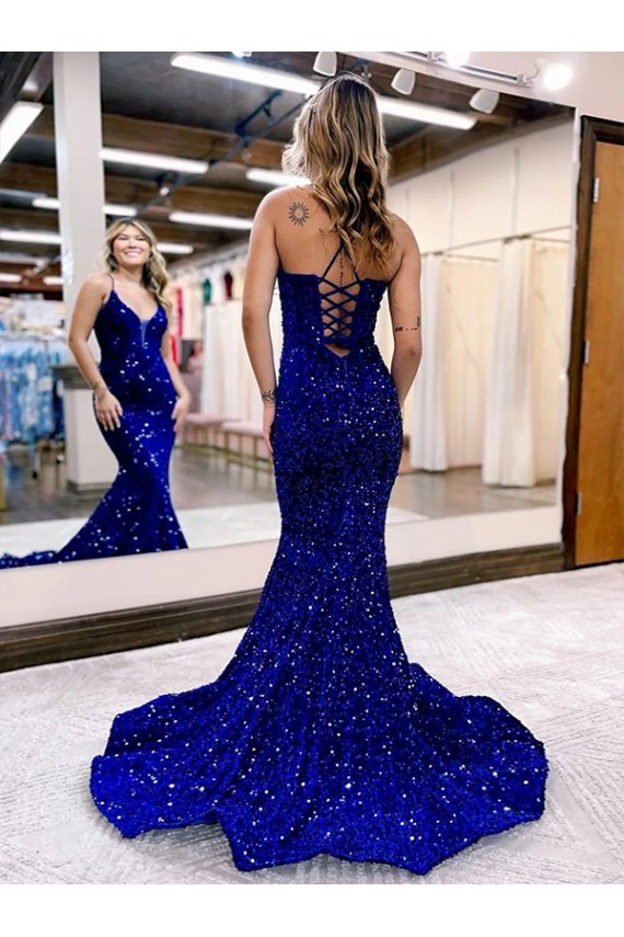 Best Velvet Sequin Court Train V-Neck Mermaid Prom Dress Canada