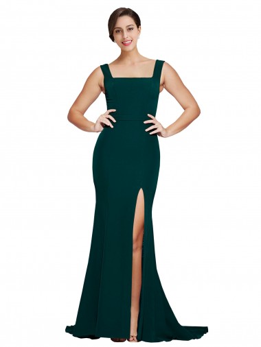 Best Stretch Crepe Sweep Train Square Neck Midnight Green Sheath Prom Dress Canada