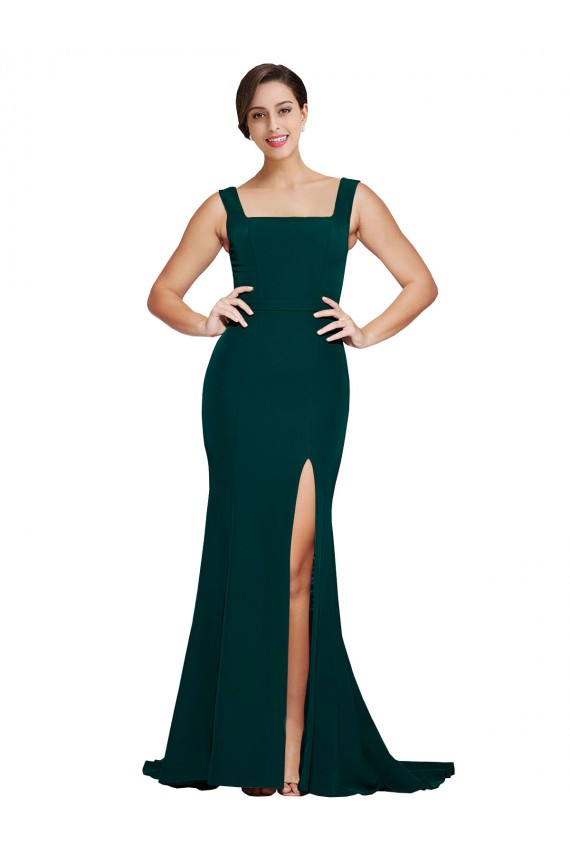 Best Stretch Crepe Sweep Train Square Neck Midnight Green Sheath Prom Dress Canada