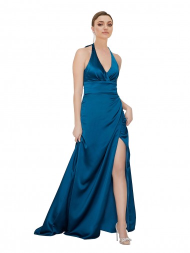 Best Silky Satin Open Back Long Halter Neck Peacock Blue A-Line Prom Dress Canada