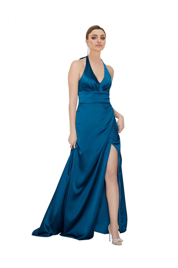 Best Silky Satin Open Back Long Halter Neck Peacock Blue A-Line Prom Dress Canada