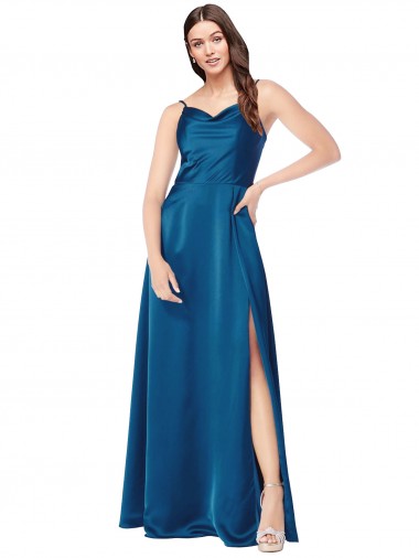 Best Silky Satin Low Back Long Spaghetti Straps Peacock Blue A-Line Prom Dress Canada