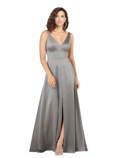 Best Silk like Satin Long V-Neck A-Line Prom Dresses Canada