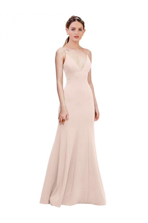 Best Stretch Crepe V-Back Long V-Neck Pink A-Line Prom Dress Canada