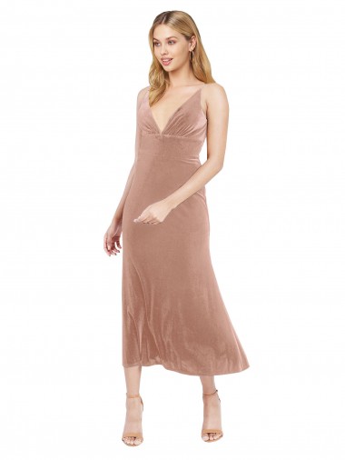 Best Stretch Velvet V-Back Midi Length V-Neck Pink A-Line Prom Dress Canada