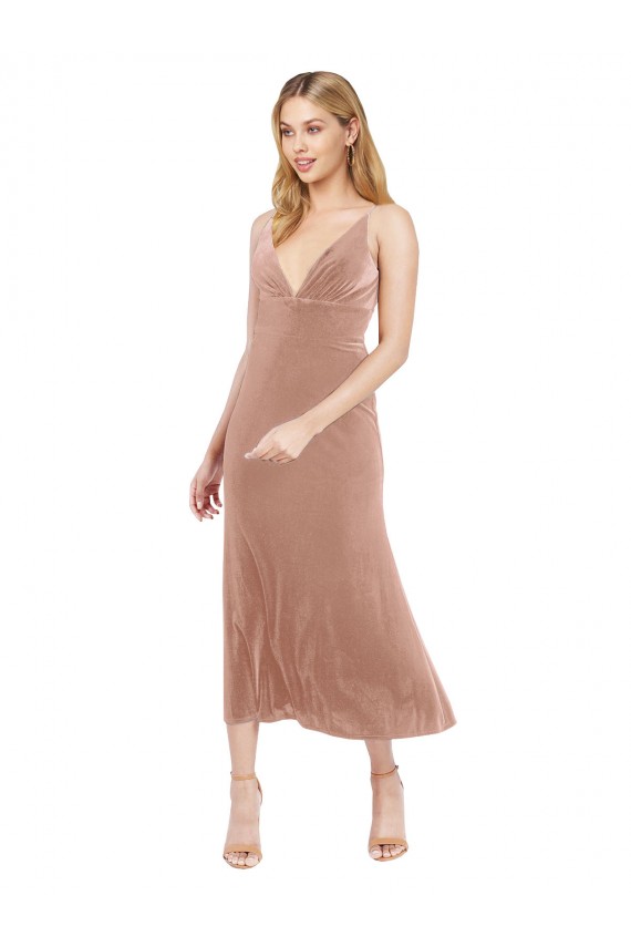 Best Stretch Velvet V-Back Midi Length V-Neck Pink A-Line Prom Dress Canada