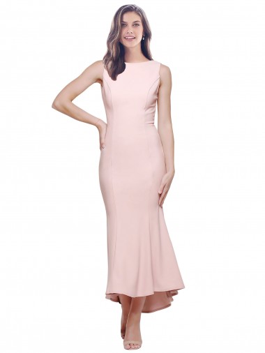 Best Stretch Crepe Low Back Midi Length High Neck Sheath High Low Prom Dress Canada