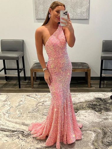 Best Velvet Sequin Sweep Train One Shoulder Sheath Prom Dresses Canada