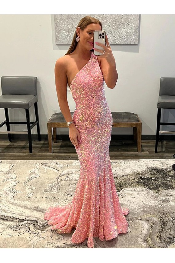 Best Velvet Sequin Sweep Train One Shoulder Sheath Prom Dresses Canada