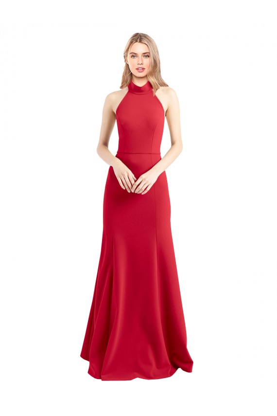 Best Stretch Crepe Open Back Long Halter Neck Red A-Line Prom Dress Canada