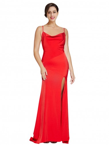 Best Stretch Satin Low Back Long Cowl Neck Sheath Prom Dress Canada