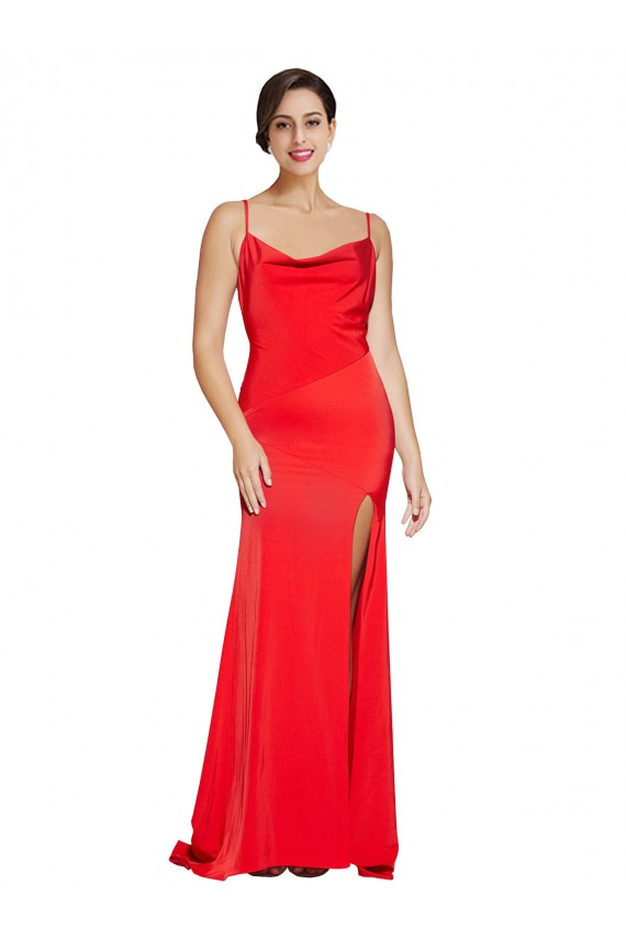 Best Stretch Satin Low Back Long Cowl Neck Sheath Prom Dress Canada