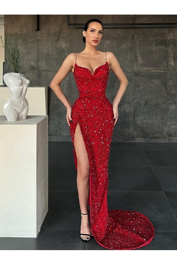 Best Velvet Sequin Sleeveless V-Neck Red Sheath Prom Dress Canada