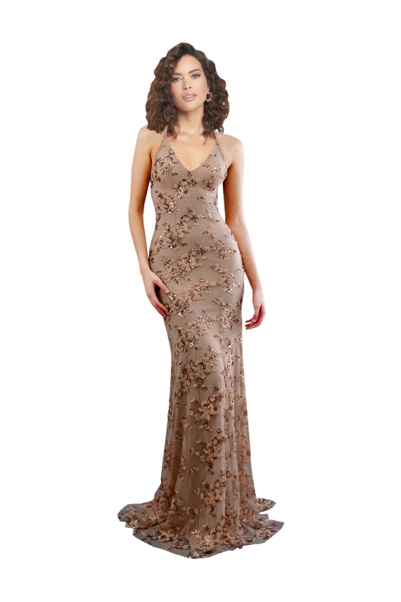 Best Stretch Crepe & Sequin Tulle Backless Long V-Neck Rose Gold Mermaid Prom Dress Canada