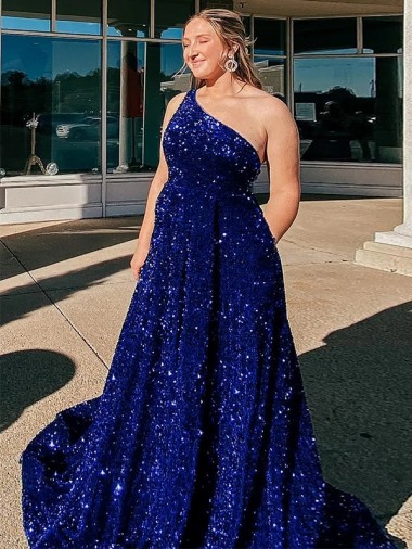 Best Velvet Sequin Sweep Train One Shoulder A-Line Prom Dress Canada