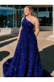 Best Velvet Sequin Sweep Train One Shoulder A-Line Prom Dress Canada