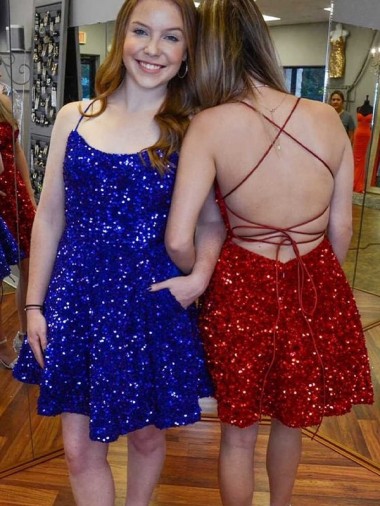 Best Velvet Sequin Short Spaghetti Straps A-Line Prom Dress Canada