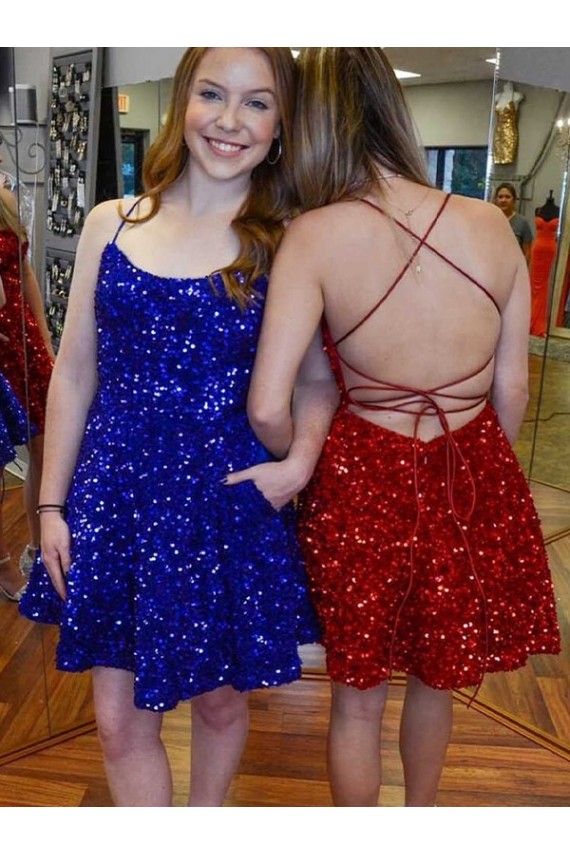 Best Velvet Sequin Short Spaghetti Straps A-Line Prom Dress Canada