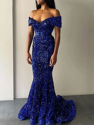 Best Velvet Sequin Sweep Train Off the Shoulder Mermaid Prom Dress Canada