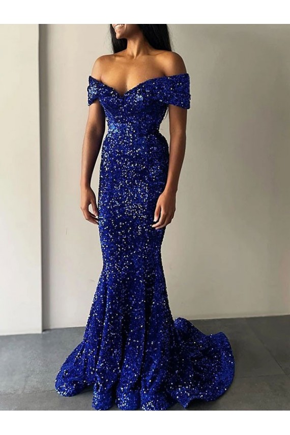 Best Velvet Sequin Sweep Train Off the Shoulder Mermaid Prom Dress Canada
