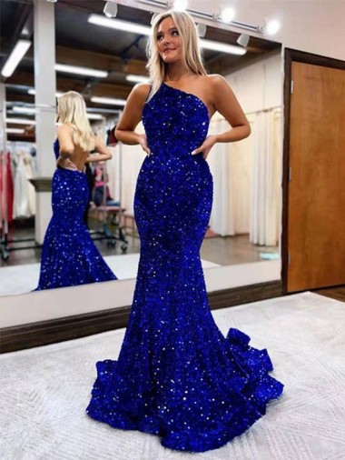 Best Velvet Sequin Sweep Train One Shoulder Mermaid Prom Dress Canada