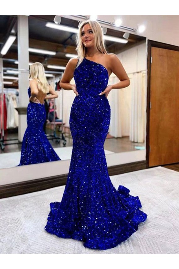 Best Velvet Sequin Sweep Train One Shoulder Mermaid Prom Dress Canada