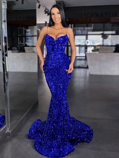 Best Velvet Sequin Sweep Train Spaghetti Straps Mermaid Prom Dress Canada