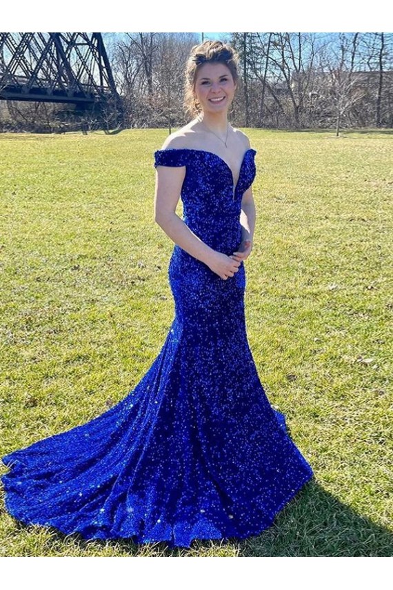 Best Velvet Sequin Sweep Train Off the Shoulder Sheath Prom Dress Canada