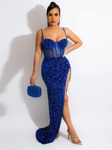 Best Velvet Sequin Sleeveless Spaghetti Straps Royal Blue Sheath Prom Dress Canada