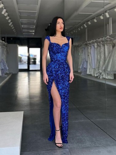 Best Velvet Sequin Sweep Train Spaghetti Straps Sheath High Slit Prom Dress Canada