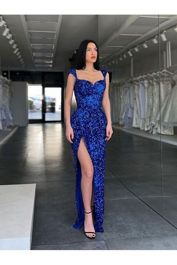Best Velvet Sequin Sweep Train Spaghetti Straps Sheath High Slit Prom Dress Canada