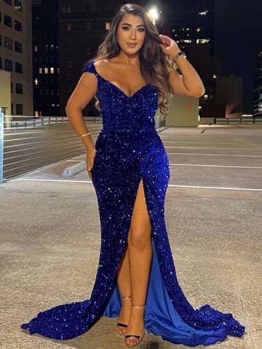 Best Velvet Sequin Sweep Train V-Neck Sheath Dress Canada