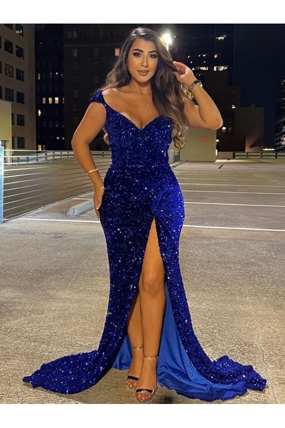 Best Velvet Sequin Sweep Train V-Neck Sheath Dress Canada