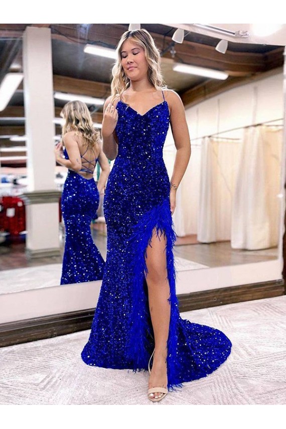 Best Velvet Sequin Sweep Train V-Neck Sheath High Side Slit Prom Dress Canada