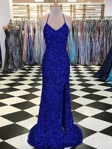 Best Velvet Sequin Sweep Train V-Neck Sleeveless Evening Prom Dress Canada