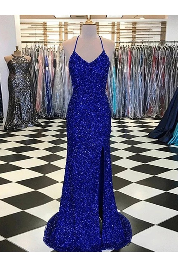 Best Velvet Sequin Sweep Train V-Neck Sleeveless Evening Prom Dress Canada